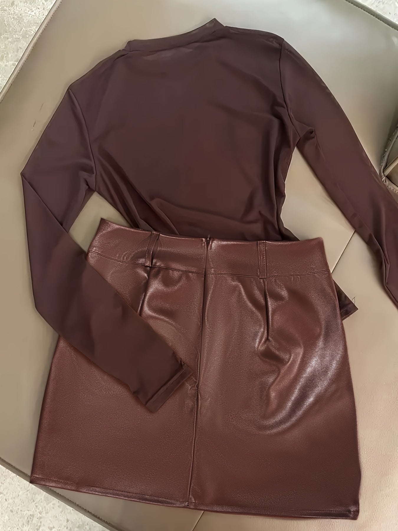 Elegant And Versatile Semi-Sheer Mesh Long-Sleeve Top and Fitted Short Skirt Set