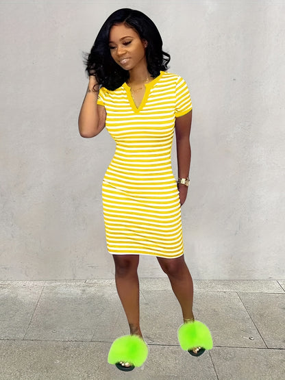 Women's Striped Bodycon Notched Neck Dress