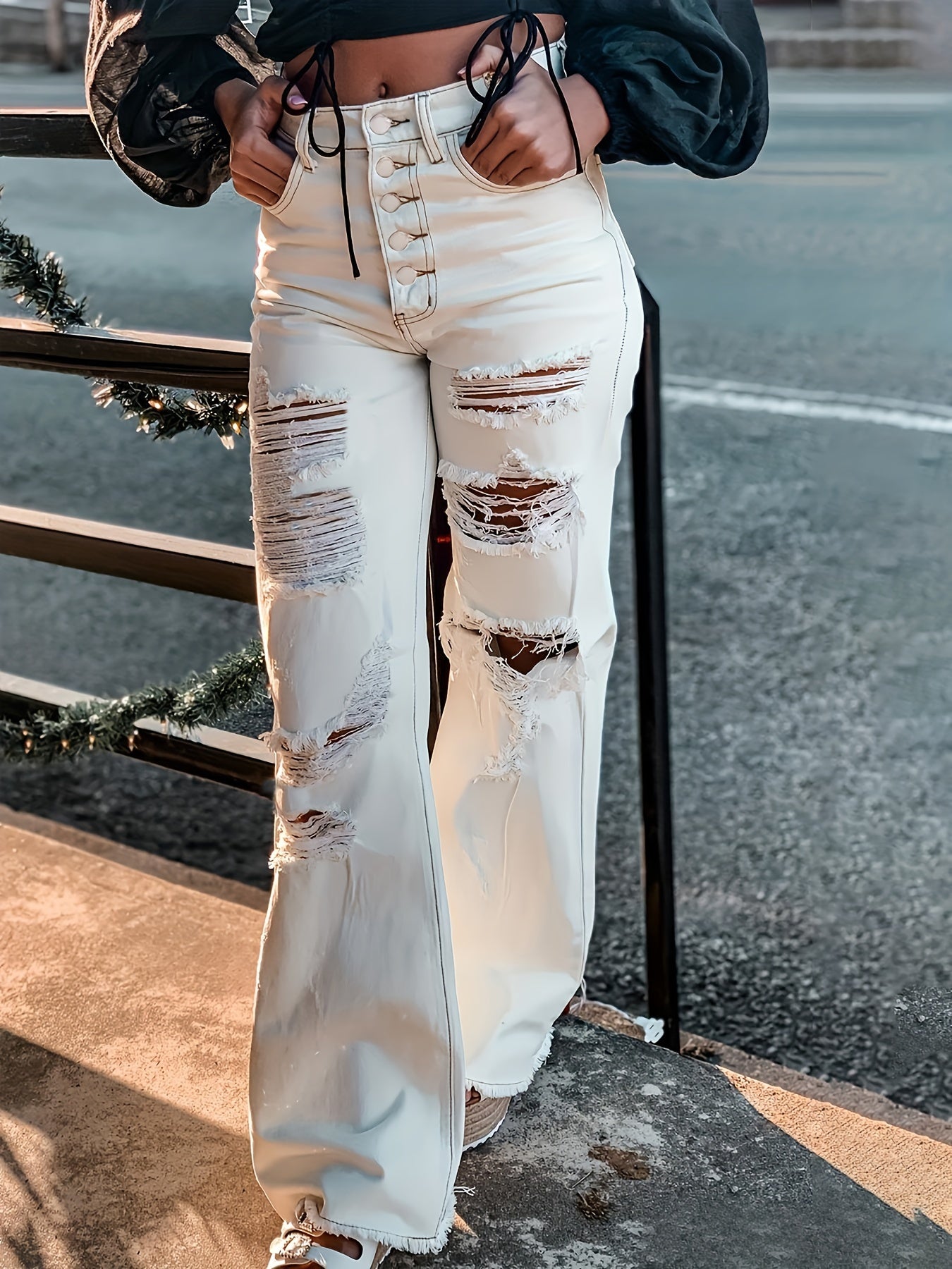 Women's Sexy Ripped Flare Jeans with Single Breasted Button Closure