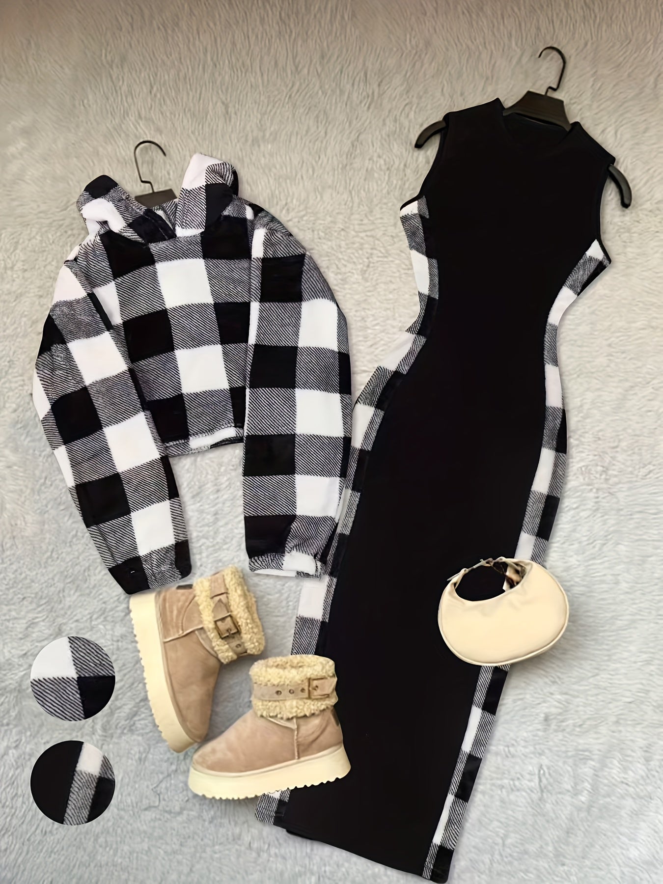 2pcs Women's Y2K Casual Fleece Hooded Long Sleeve Short Top Dress Set