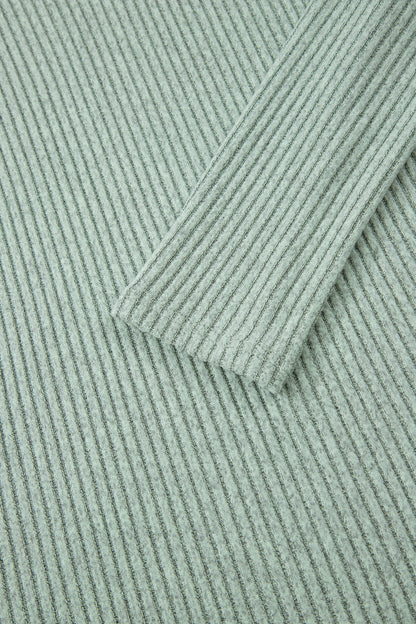 2pcs Grass Green Ribbed Notched Neck Knit Long Sleeve Leggings Lounge Set