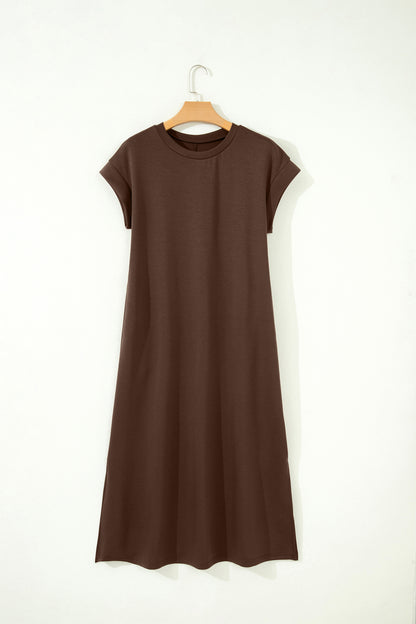 Robe T-shirt longue de couleur unie en bois de santal rouge avec fentes