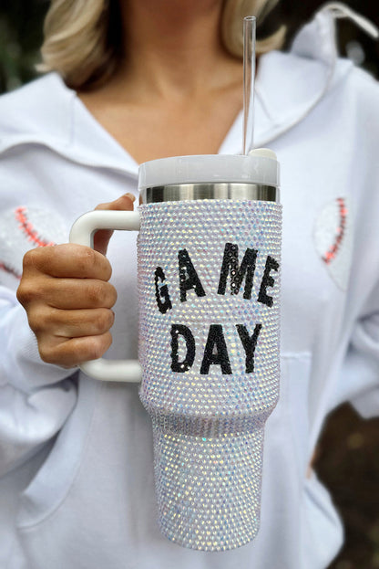 40oz White GAME DAY Rhinestone Handle Large Tumbler 40oz