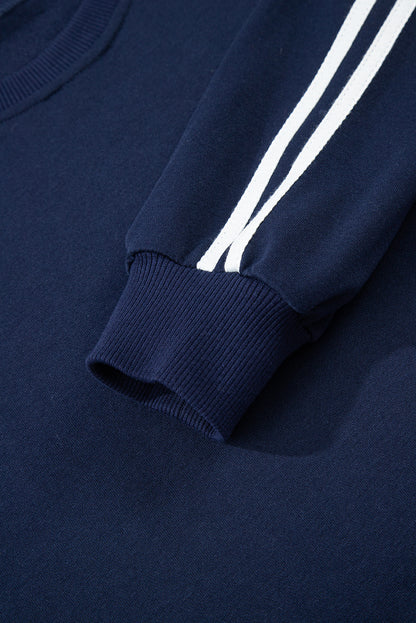 2pcs Dirty Blue Varsity Striped Detail Crewneck Pullover Elastic Sweatpants