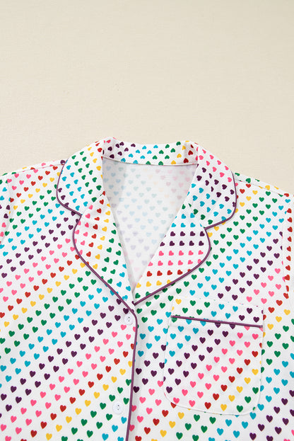 2pcs White Pride Heart Print Valentines Long Pajama Set