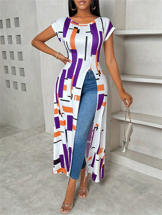 Women's Casual Patchwork Print Maxi Dress with Side Slit
