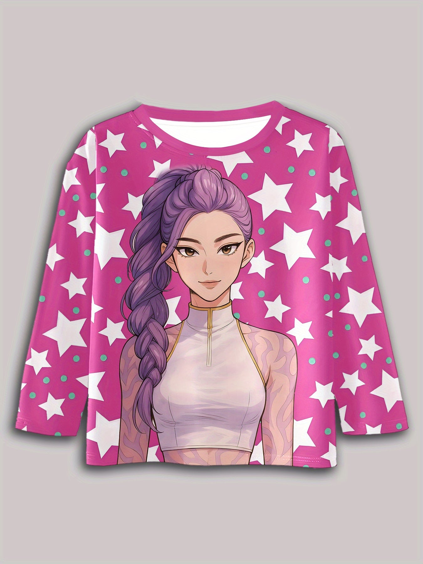 Girls' Purple Braided Hair & Star Print Long Sleeve T-Shirt