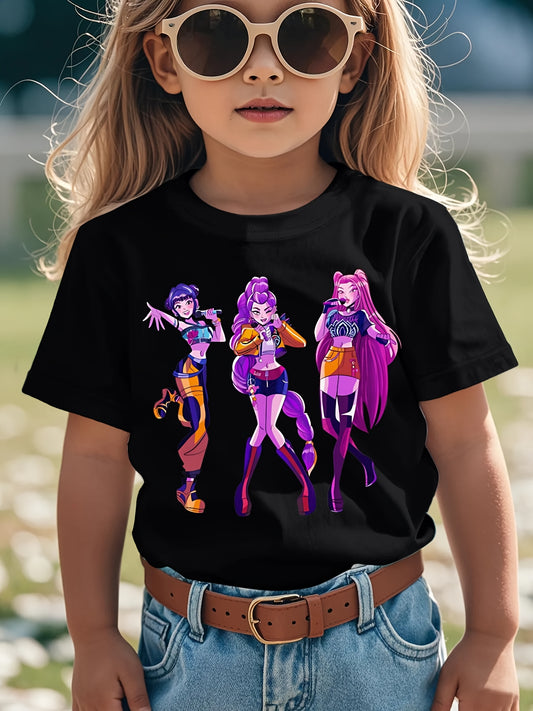 Girls' Kpop Graphic T-Shirt - Black Tee with Purple & Pink Characters