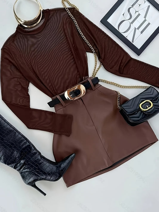 Elegant And Versatile Semi-Sheer Mesh Long-Sleeve Top and Fitted Short Skirt Set