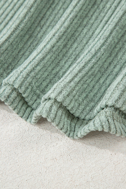 2pcs Grass Green Ribbed Notched Neck Knit Long Sleeve Leggings Lounge Set