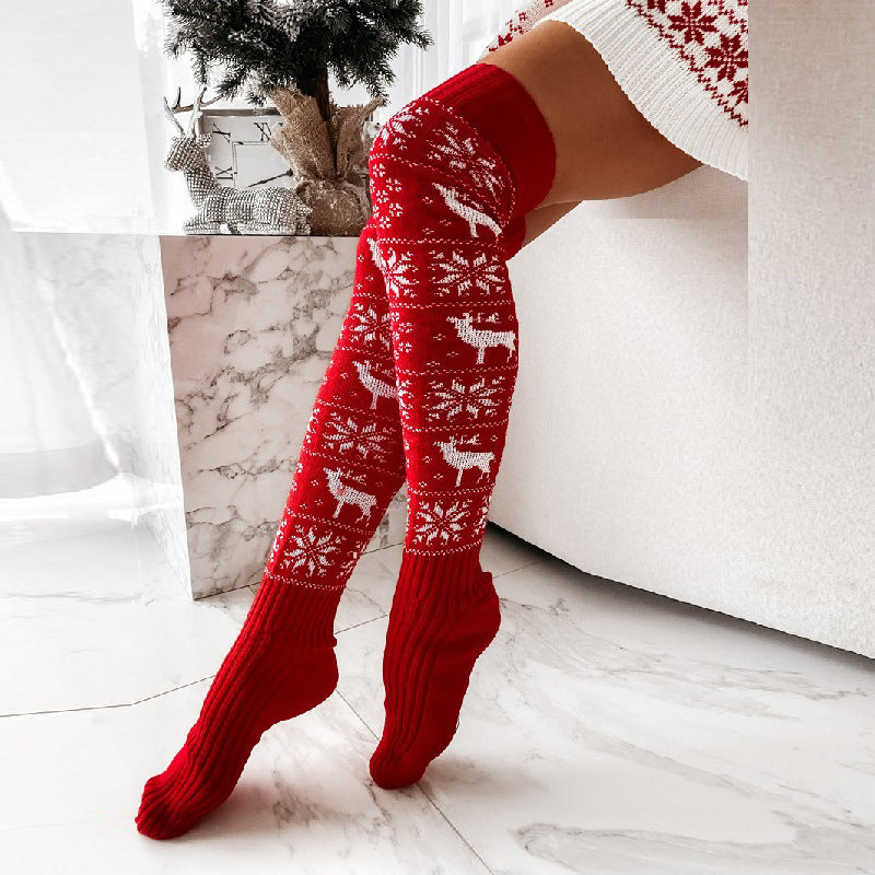 Women's Warm Knitted Elk Snowflake Long Socks