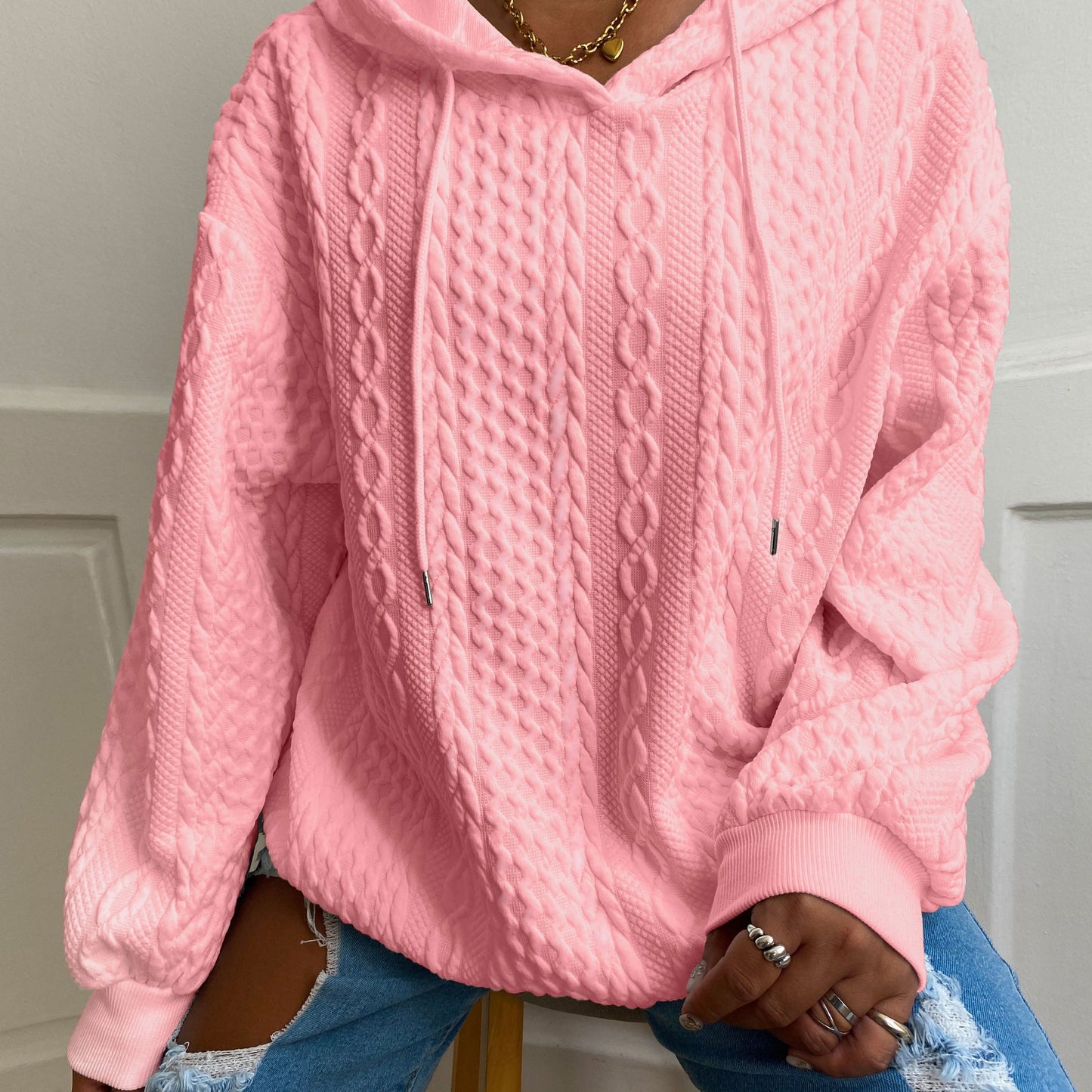 Plus Size Women's Solid Ribbed Long Sleeve Hoodie - Slight Stretch Drawstring Sweatshirt