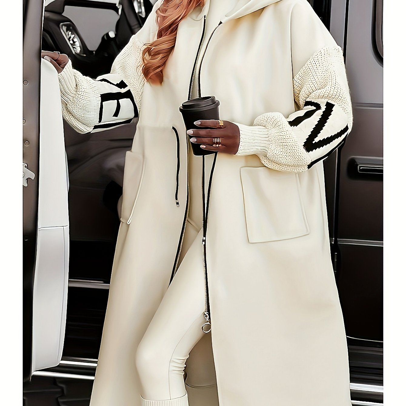 Women's Black & White Casual Hooded Coat