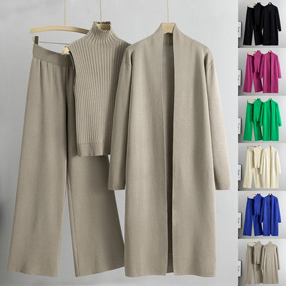 3pcs Women's Sleeveless Vest Sweater Long Cardigan And Wide-leg Pants Set