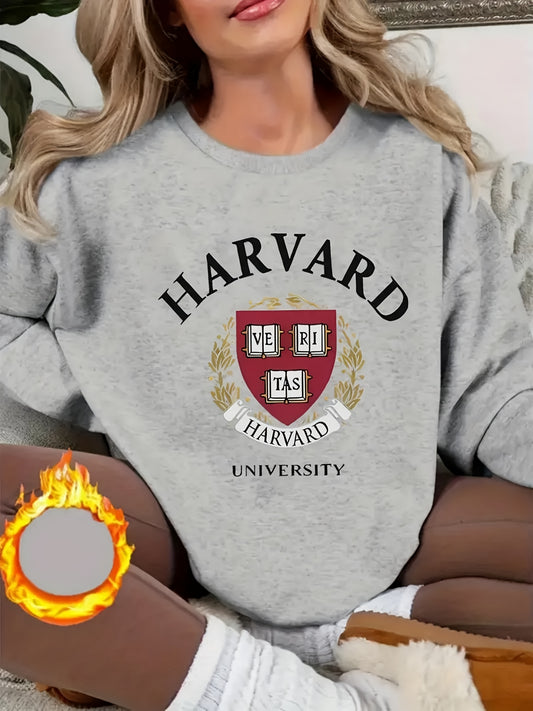 Women's University Logo Printed Hoodie - Soft Round Neck Pullover Sweatshirt with Harvard-Inspired Collegiate Design, Machine Washable All-Season Casual Wear, Comfortable Long Sleeve Sweater Spirit & Everyday Outfits