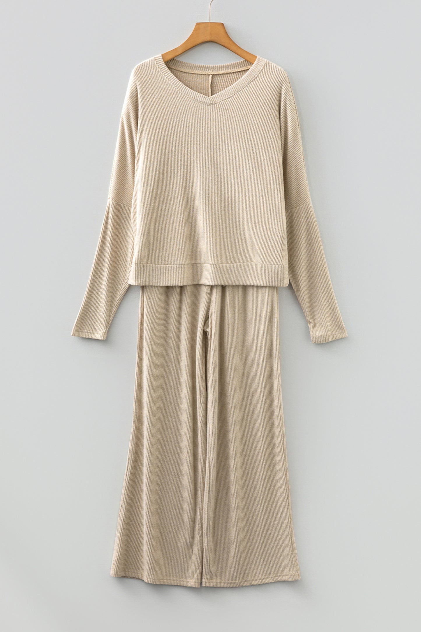 2pcs Jet Stream 3D Ribbed V Neck Pullover Drawstring Pants Lounge Set