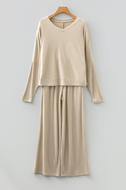 2pcs Jet Stream 3D Ribbed V Neck Pullover Drawstring Pants Lounge Set