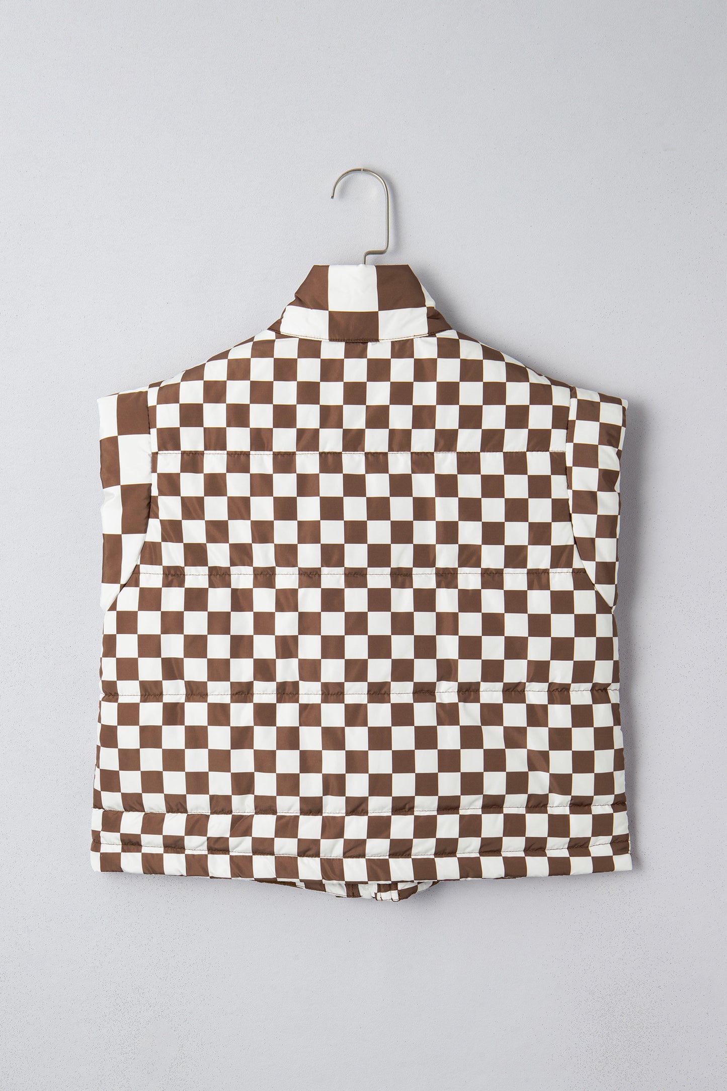 Brown Double Checked Stand Collar Cropped Puffer Vest