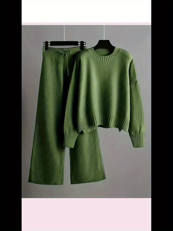 2pcs Women's Soft Casual Elegant Round Neck Sweater & Wide-Leg Pants Set