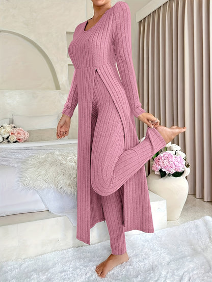 Ribbed Two-Piece  Long-Sleeved Top and Pants Set