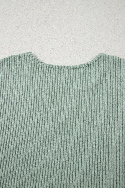 2pcs Grass Green Ribbed Notched Neck Knit Long Sleeve Leggings Lounge Set