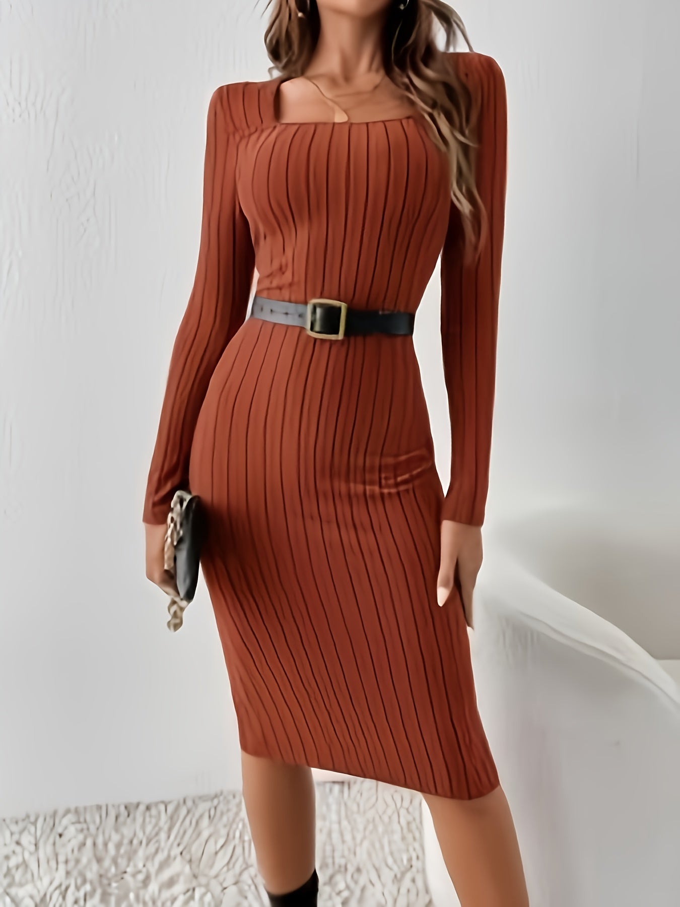 Solid Color Ribbed Knit Bodycon Dress with a French Square Neckline