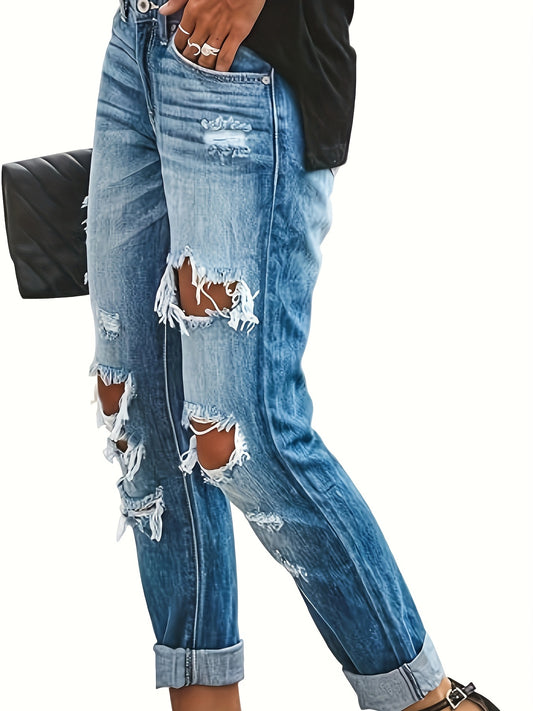 Fashion Retro Ripped Stretch Street Cuffed Jeans