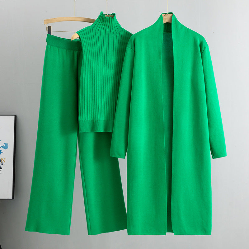 3pcs Women's Sleeveless Vest Sweater Long Cardigan And Wide-leg Pants Set