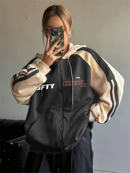 Women's Y2K Color Block Hoodie with "Wealth" Letter Print
