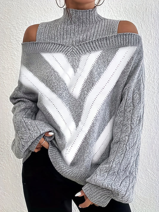 Plus Size Off-Shoulder High Neck Cable Sweater