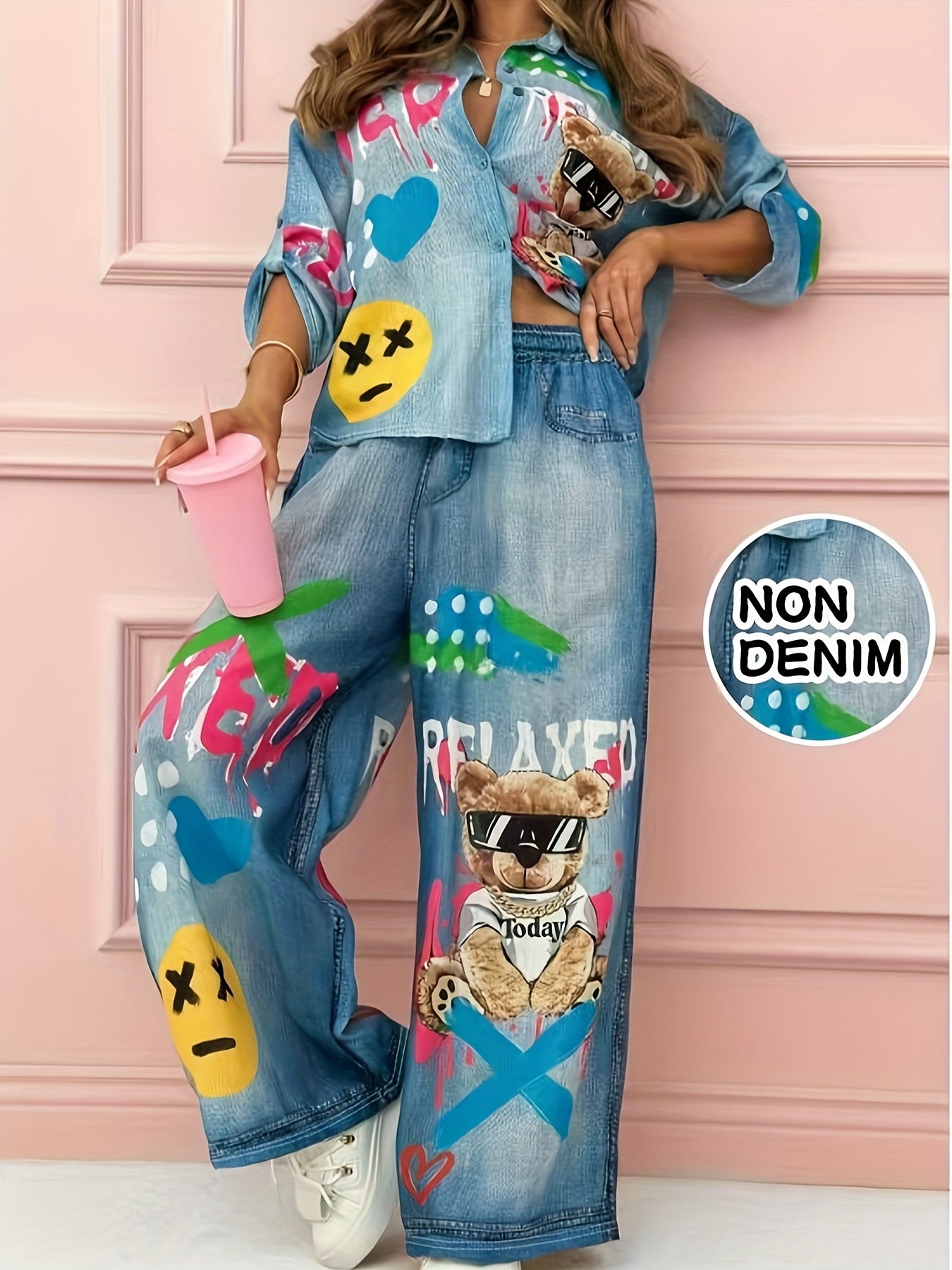 Women's Cute Trendy Two-Piece Outfit Graffiti Set
