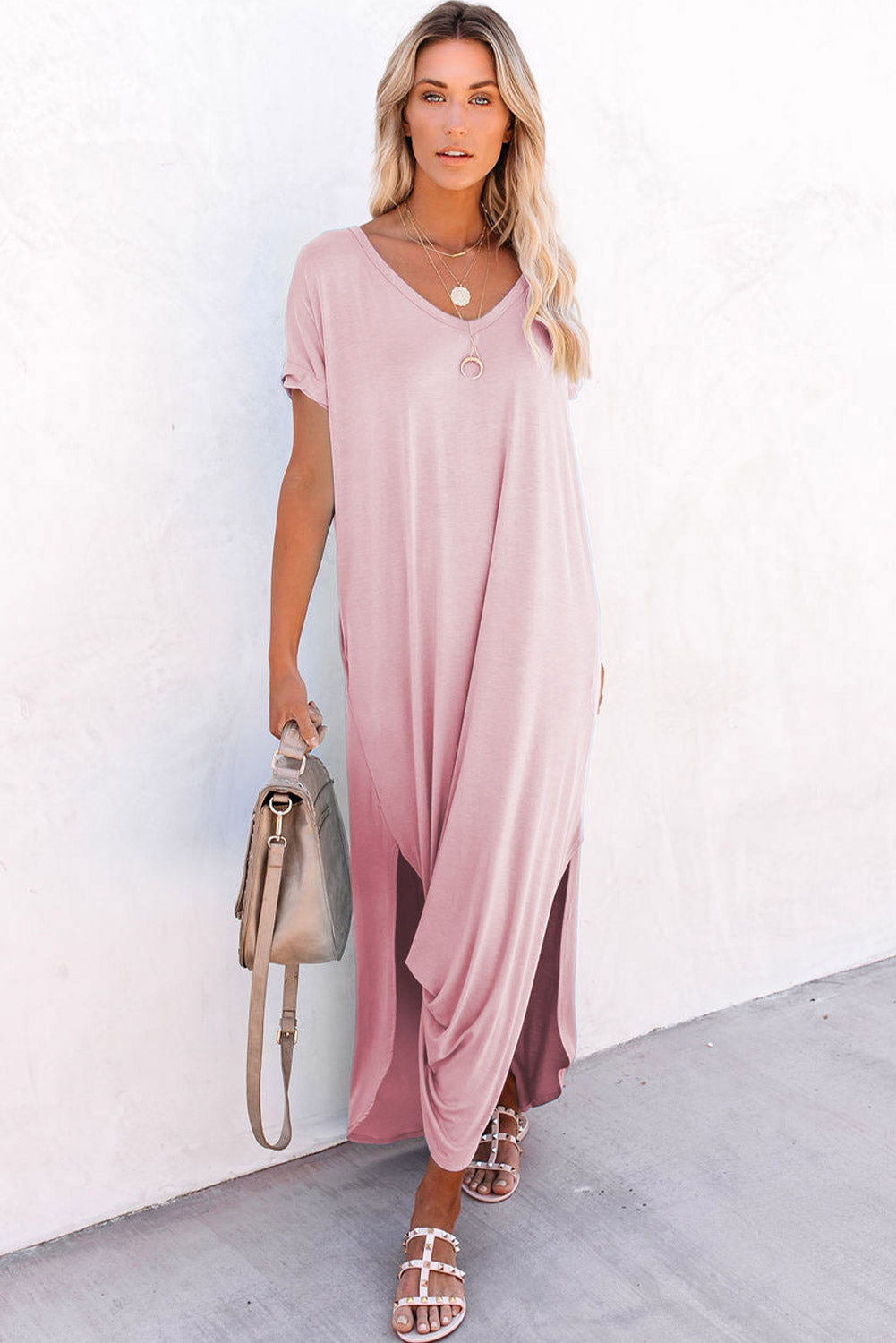 Pink V Neck Hidden Pocket Splits Maxi Dress