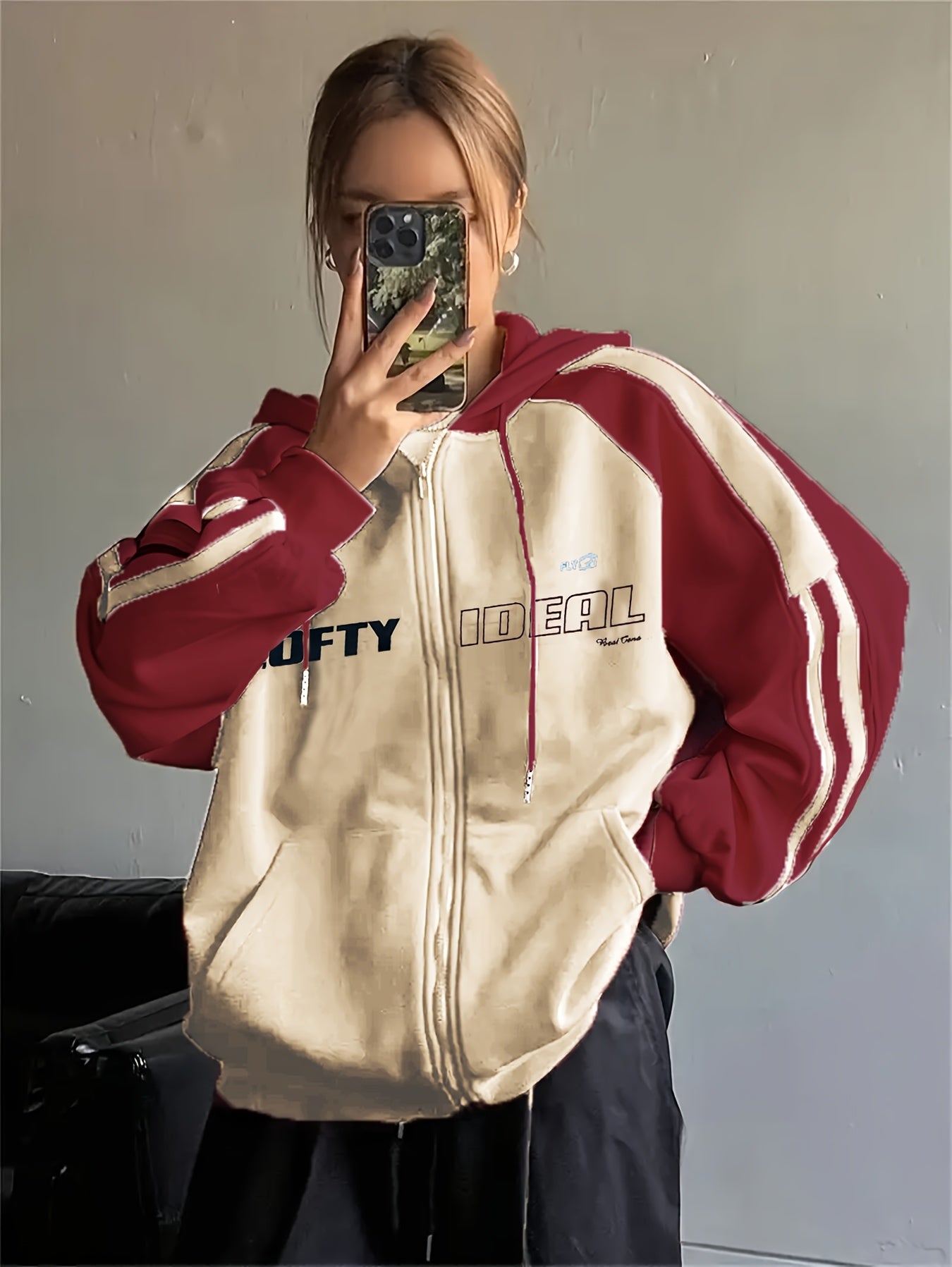 Women's Y2K Color Block Hoodie with "Wealth" Letter Print