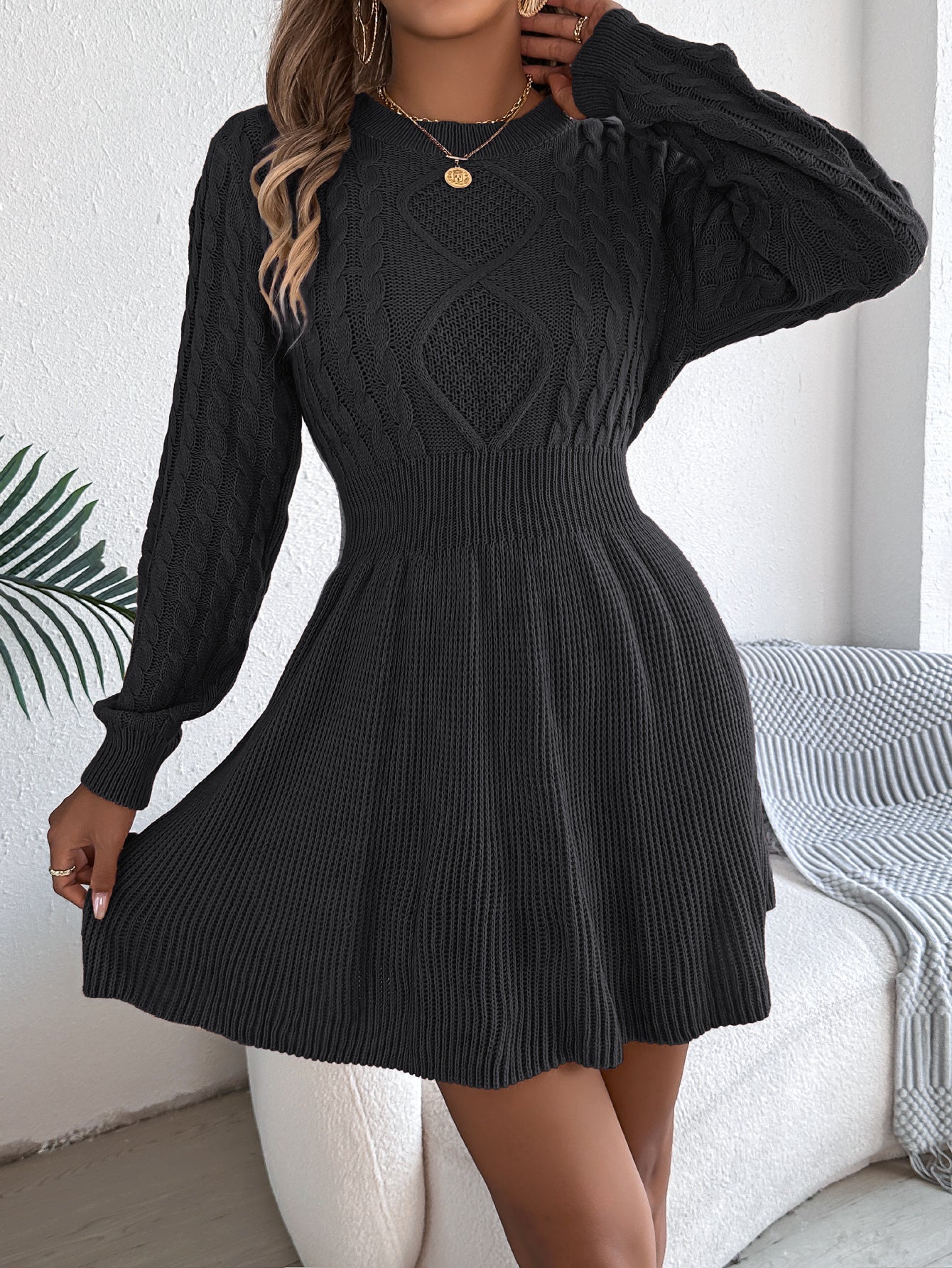 Women's Solid Knit Waist Lantern Sleeve Sweater Dress