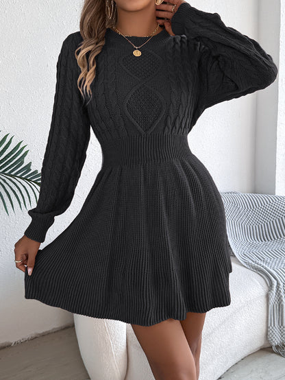 Women's Solid Knit Waist Lantern Sleeve Sweater Dress