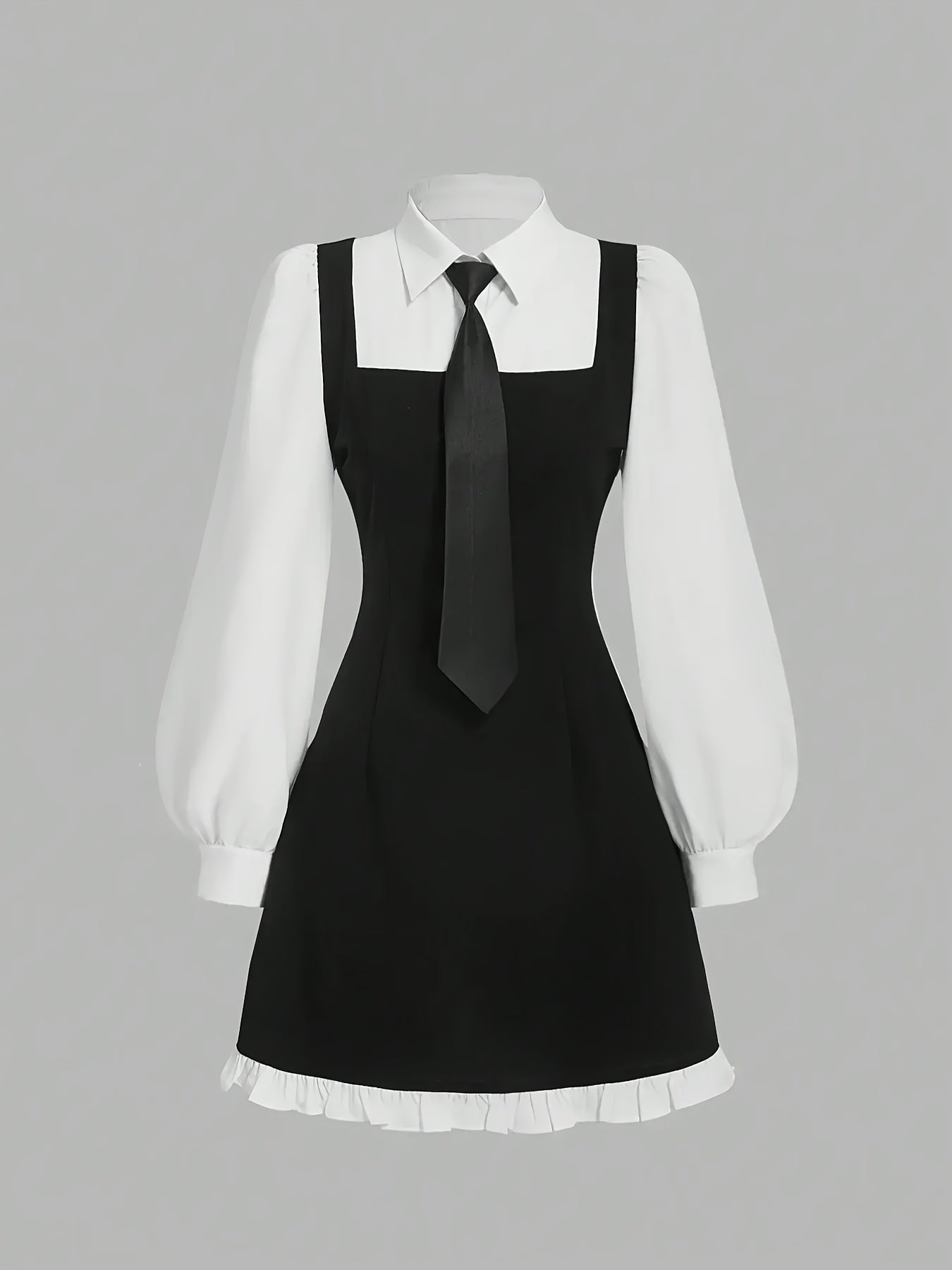 Women's Elegant Long Sleeve A-Line Dress with Contrast Trim & Tie-Waist