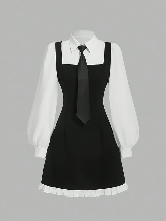 Women's Elegant Long Sleeve A-Line Dress with Contrast Trim & Tie-Waist