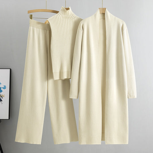 3pcs Women's Sleeveless Vest Sweater Long Cardigan And Wide-leg Pants Set