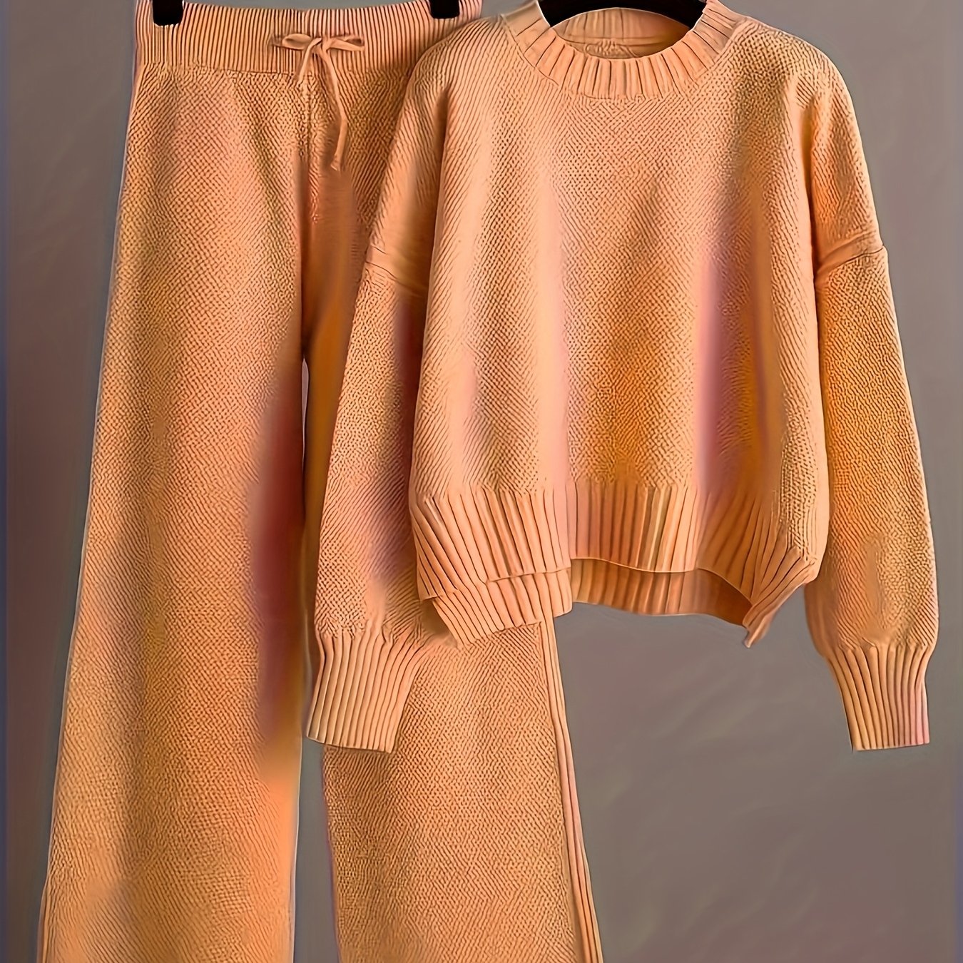 2pcs Women's Soft Casual Elegant Round Neck Sweater & Wide-Leg Pants Set