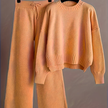 2pcs Women's Soft Casual Elegant Round Neck Sweater & Wide-Leg Pants Set