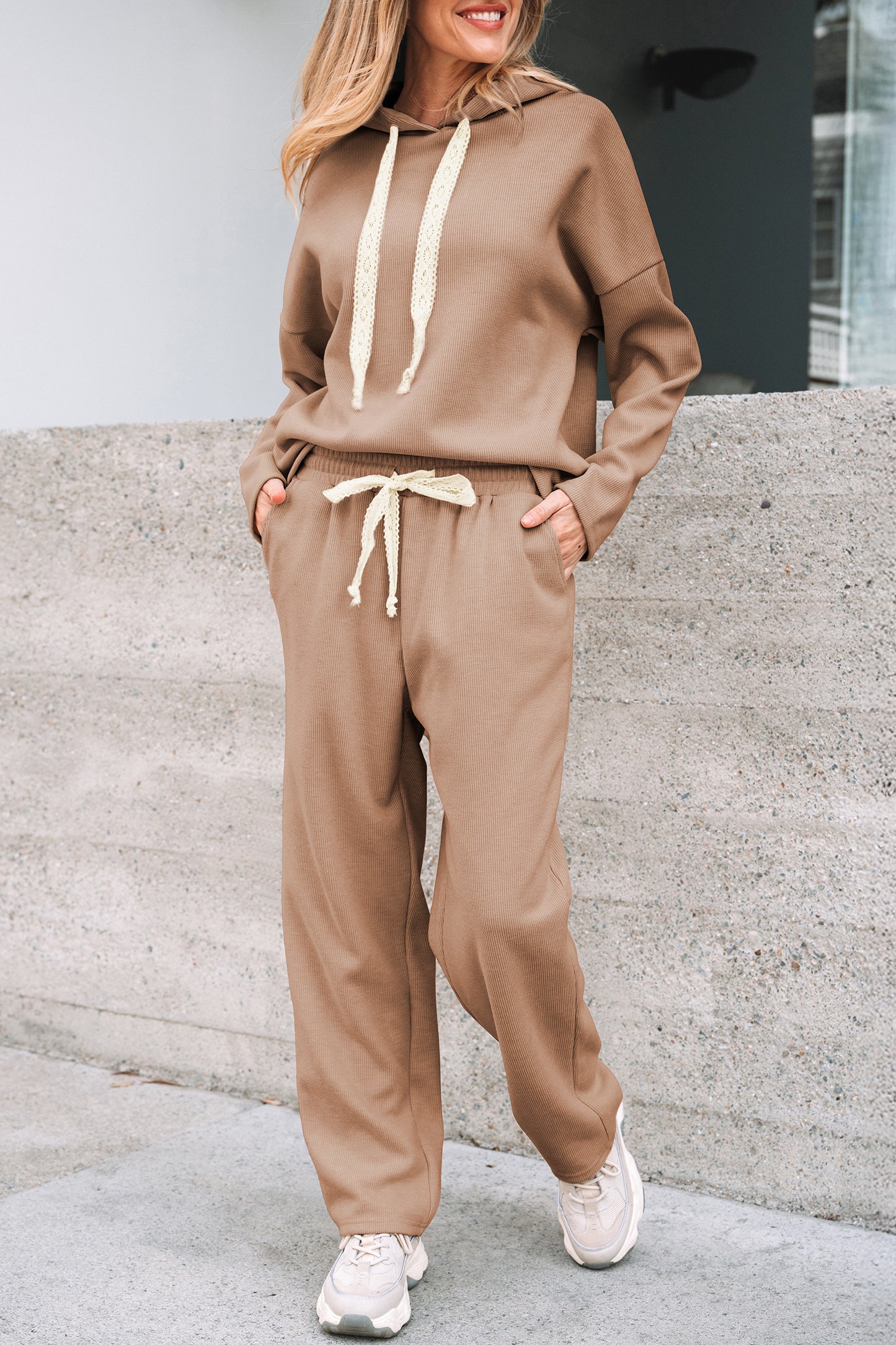 Casual Lace Drawstring Pullover Hoodie and High Waist Pants Corduroy Suit