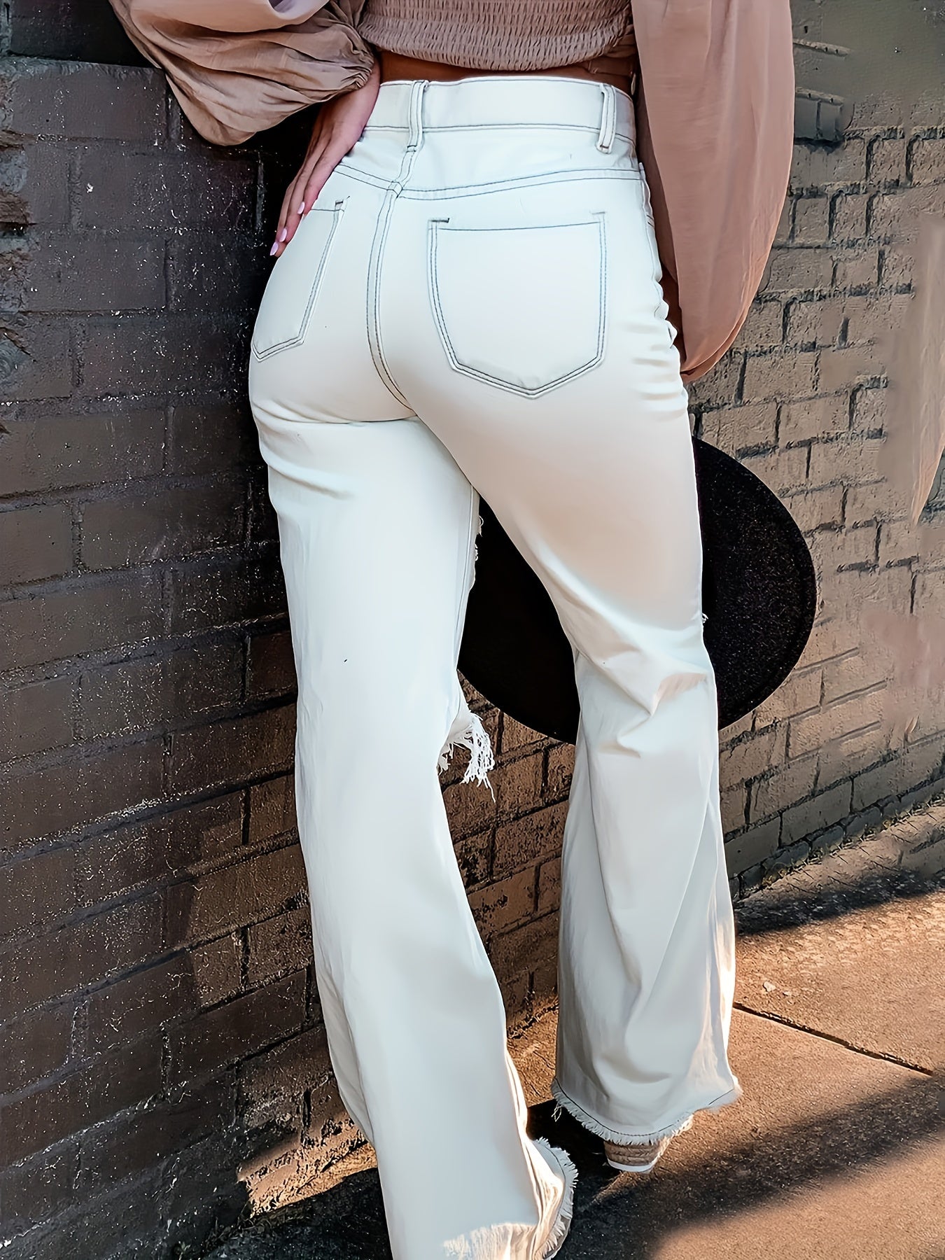 Women's Sexy Ripped Flare Jeans with Single Breasted Button Closure