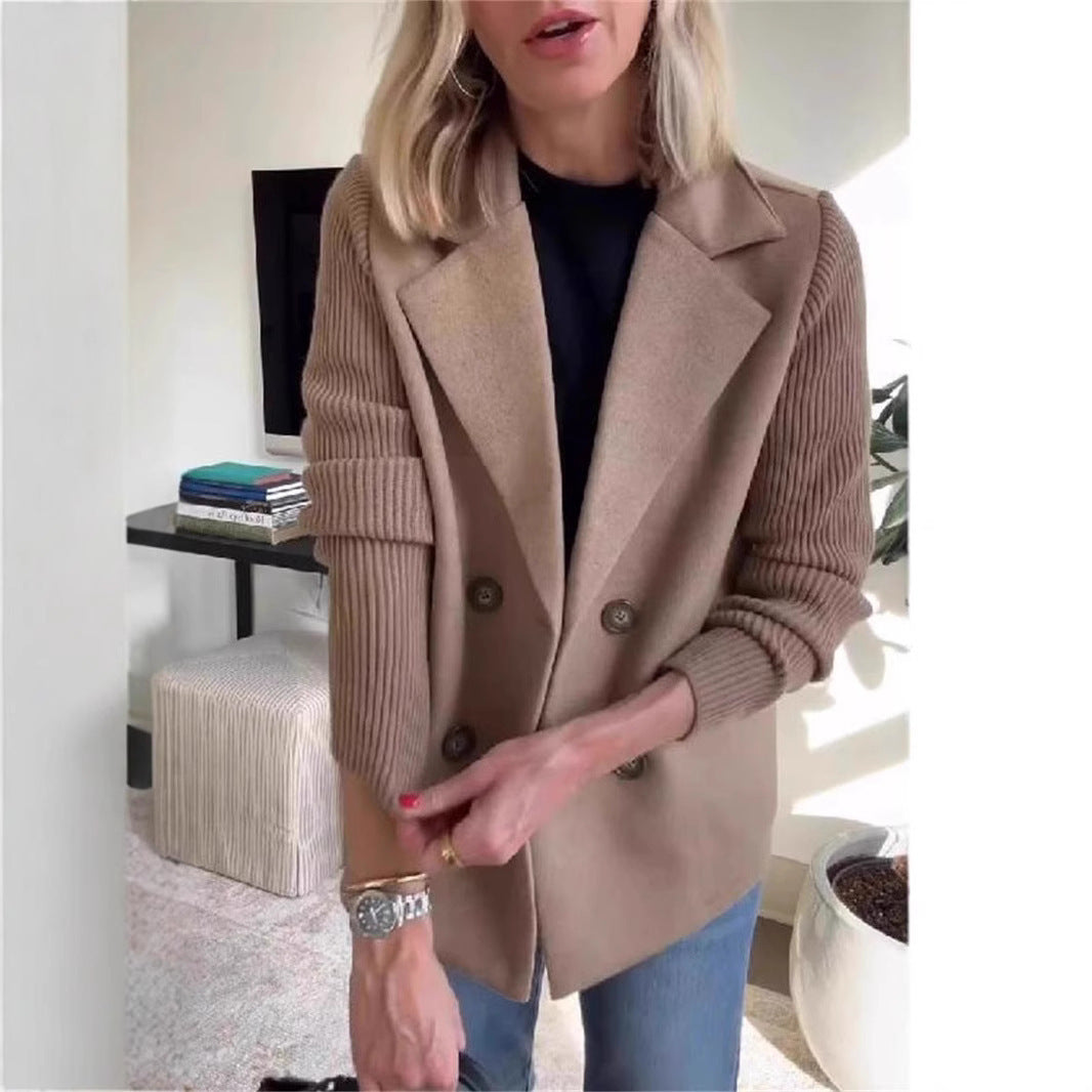 Women's Double Breasted Knitted Sleeves Lapel Jacket