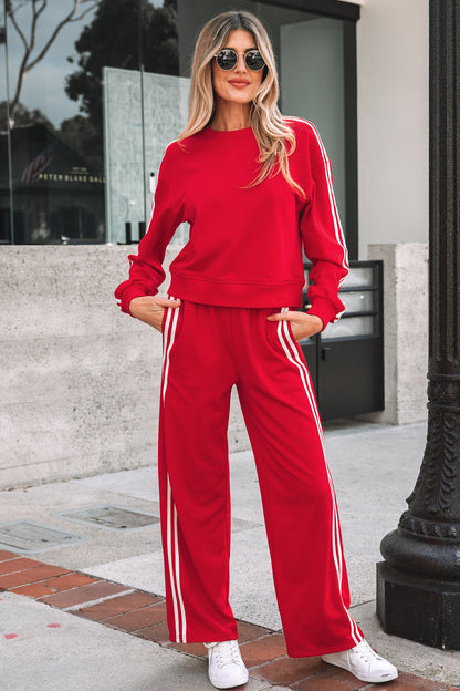 2pcs Fiery Red Varsity Striped Detail Crewneck Pullover Elastic Sweatpants