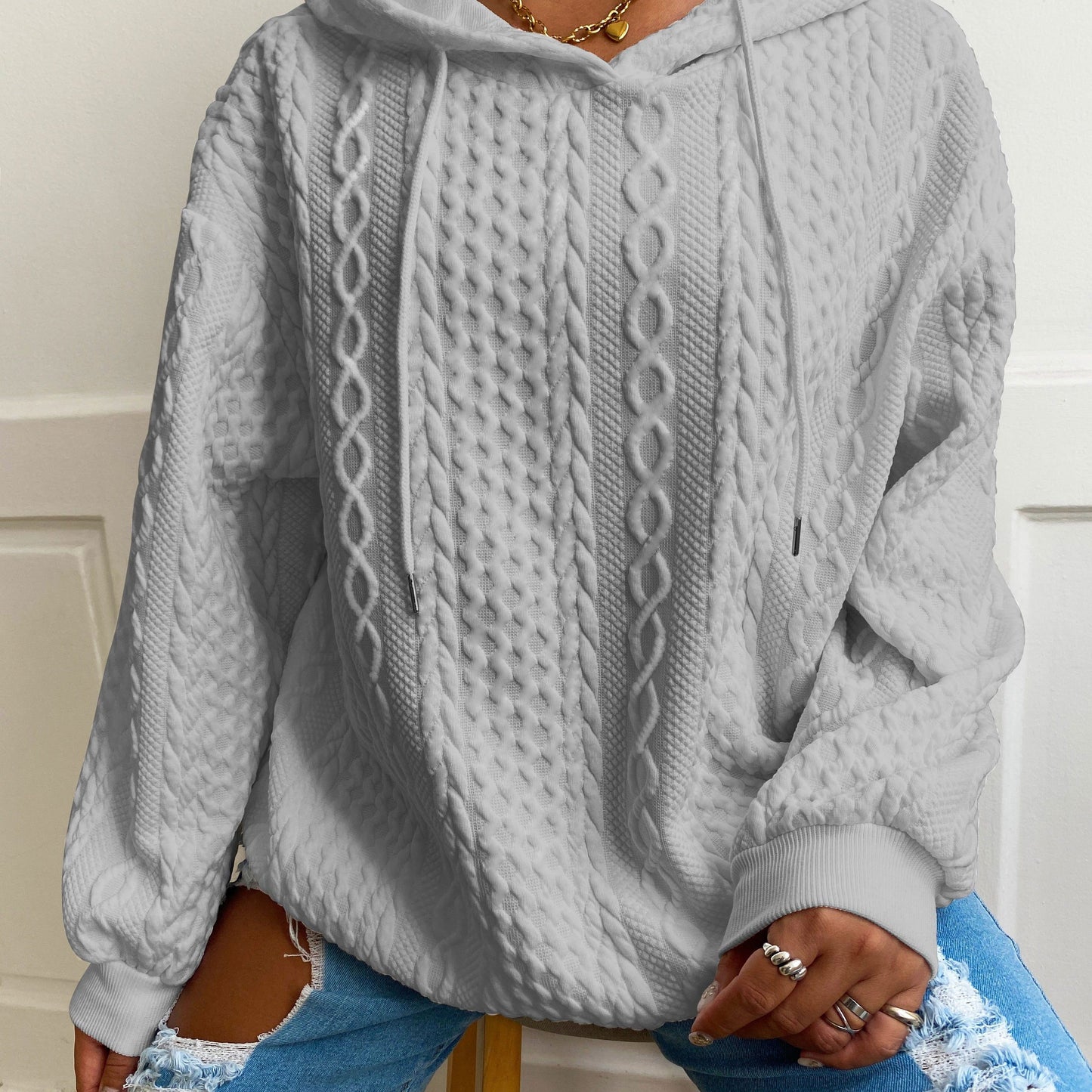 Plus Size Women's Solid Ribbed Long Sleeve Hoodie - Slight Stretch Drawstring Sweatshirt