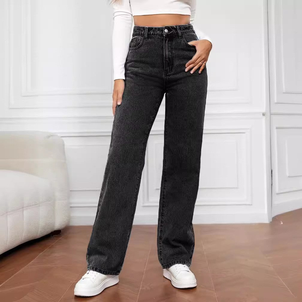 Women's Mid Waist Washed Straight Jeans