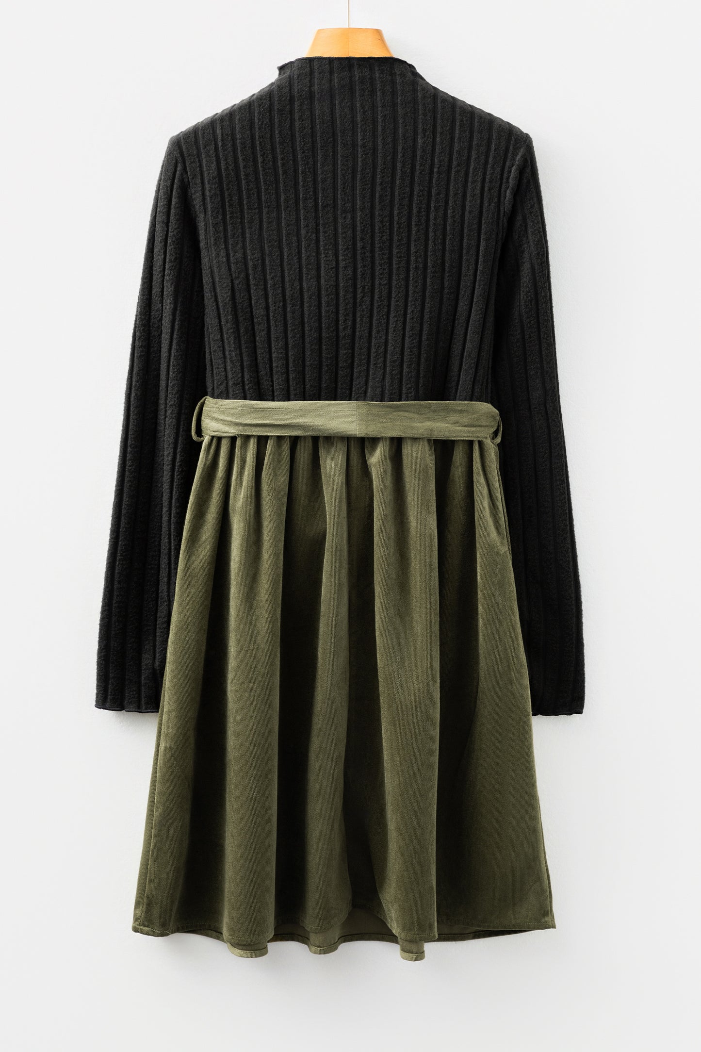 Black Ribbed Knit Slim Bodice Contrast Flared Skirt Patchwork Belted Dress