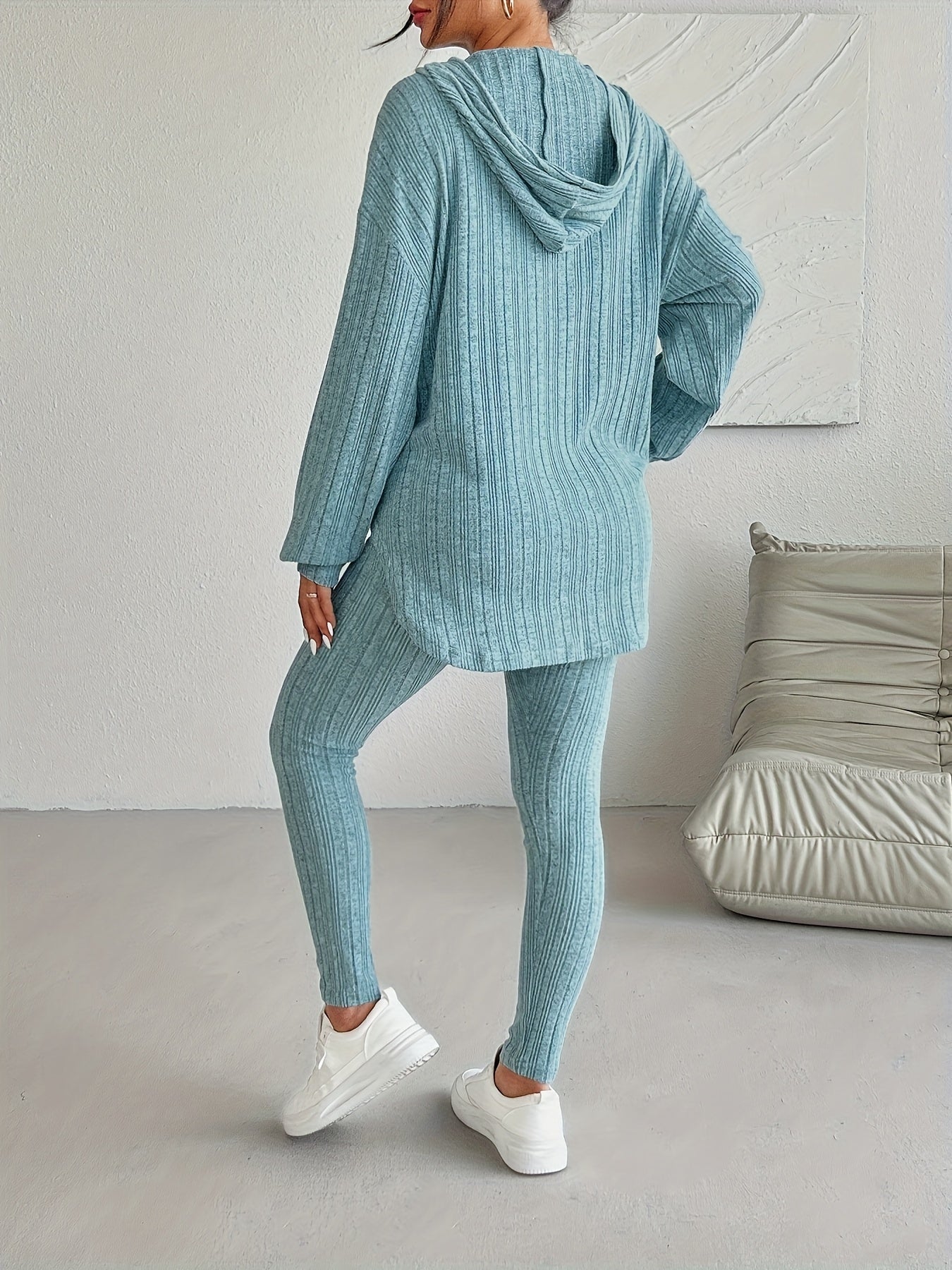 Elegant And Fashionable Lake Blue Women's Hooded Top And Long Pants Set