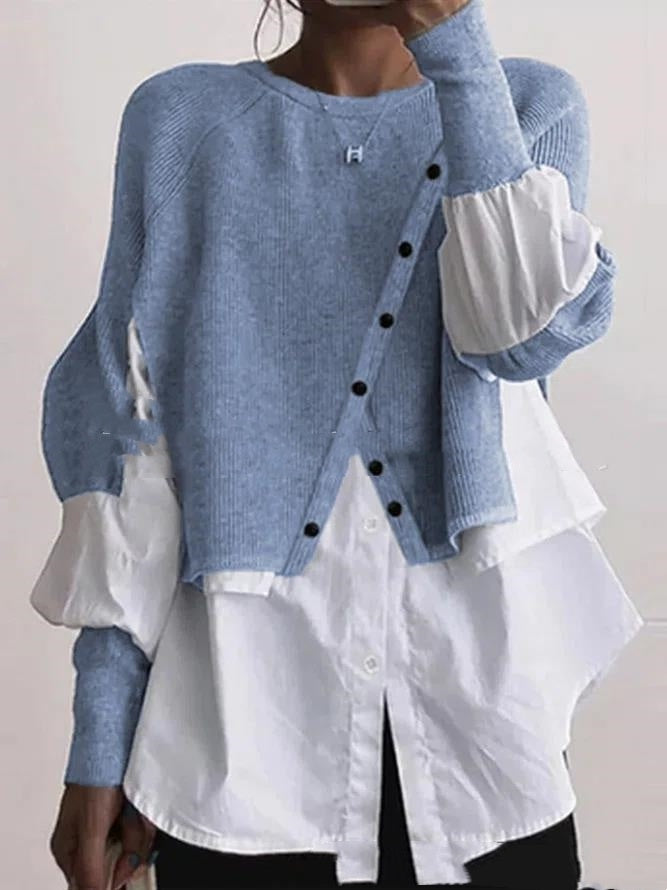 Women's Crew Neck Long Sleeve Knitted Multi-color Patchwork Shirt