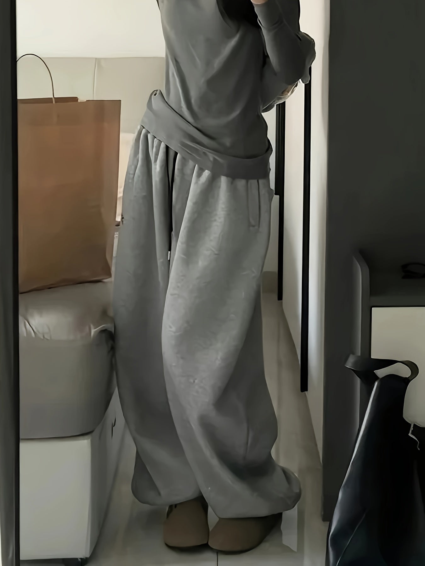 Women's Y2K High-Waisted Wide-Leg Gray Polyester Sweatpants